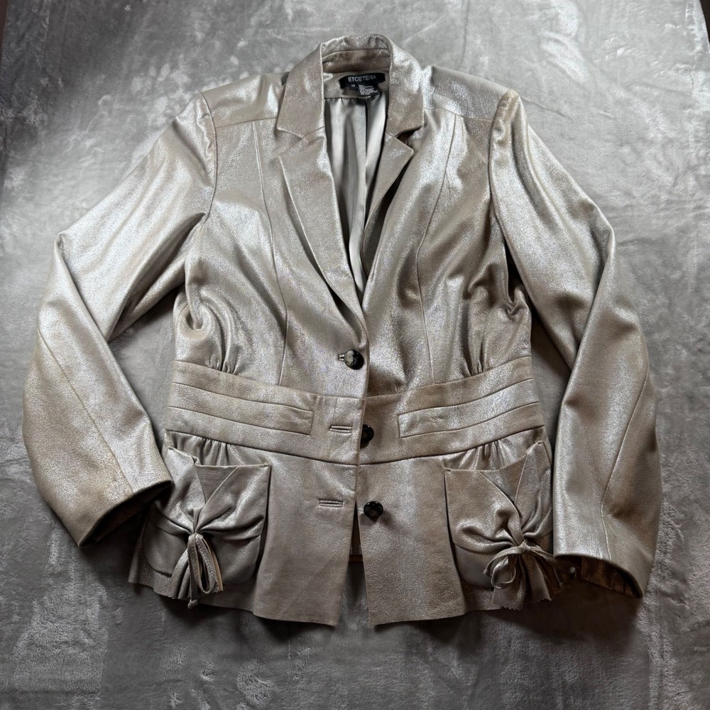Etcetera Metallic Glam Leather Jacket Blazer 12 Shimmer Bow Peplum Coquette